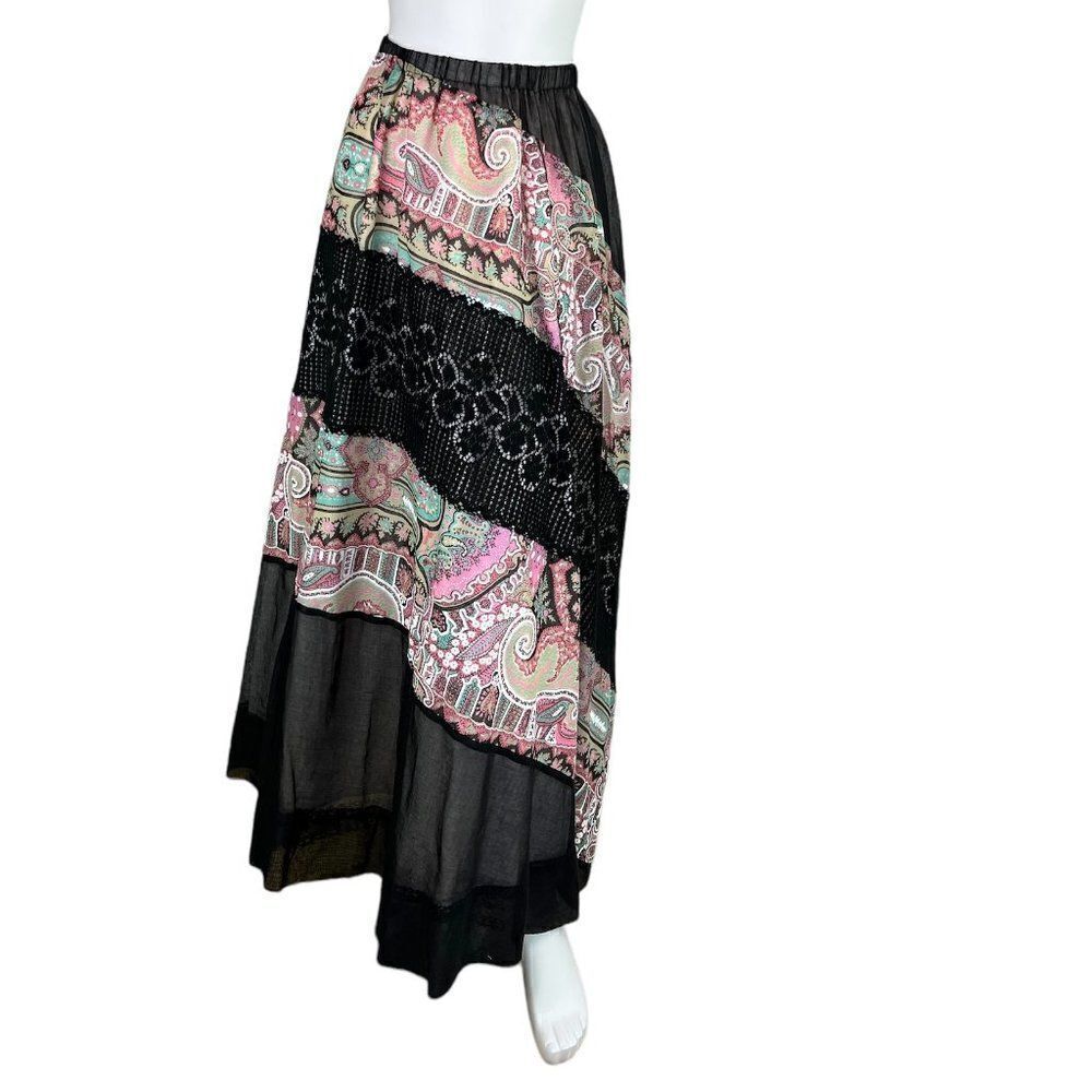 Chessa Davis Vintage 1970's Patchwork & Lace Paisley Cottagecore Maxi Skirt S